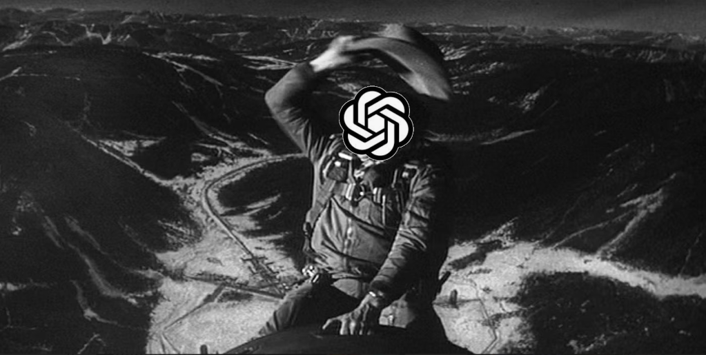 A photo of Slim Pickens playing Major Kong as he rides the atom bomb down at the finale of Dr. Strangelove with his head replaced by the Open AI logo.